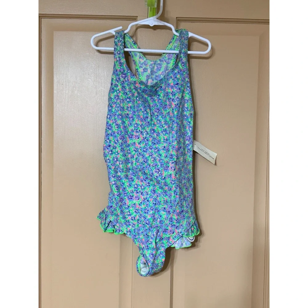 Vintage Huk-A-Doo Girls Floral Glitter One Piece Swimsuit Purple Blue Green 14